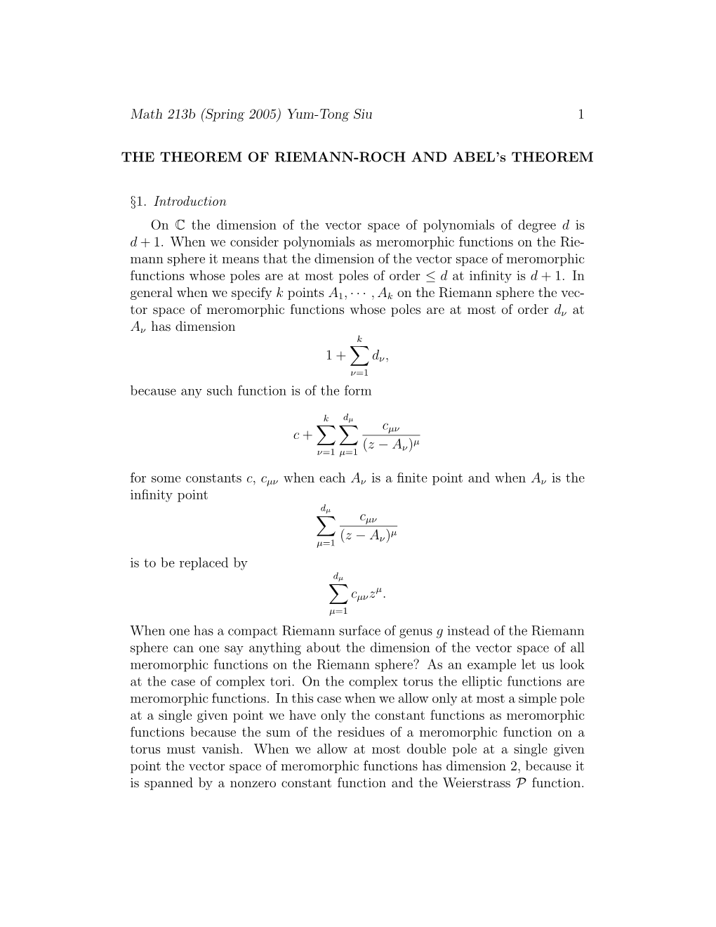 Yum-Tong Siu 1 the THEOREM of RIEMANN-ROCH and ABEL's