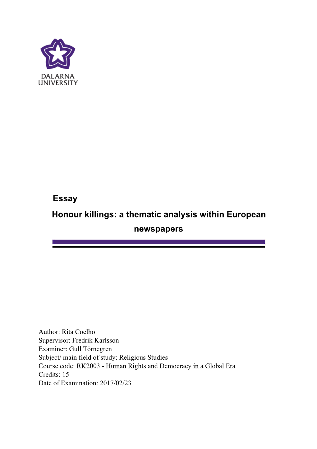 Essay Honour Killings: a Thematic Analysis Within European Newspapers