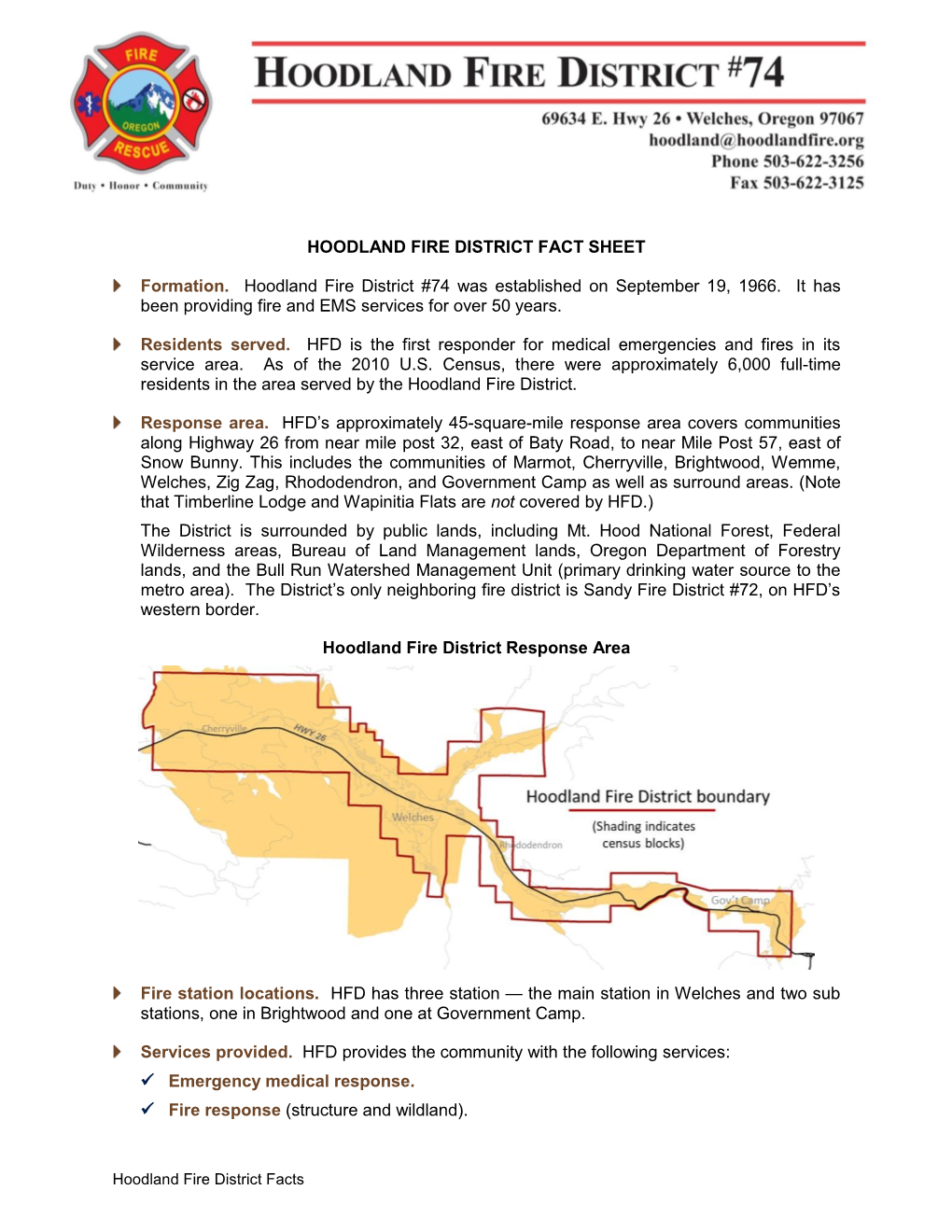 HOODLAND FIRE DISTRICT FACT SHEET Formation. Hoodland Fire