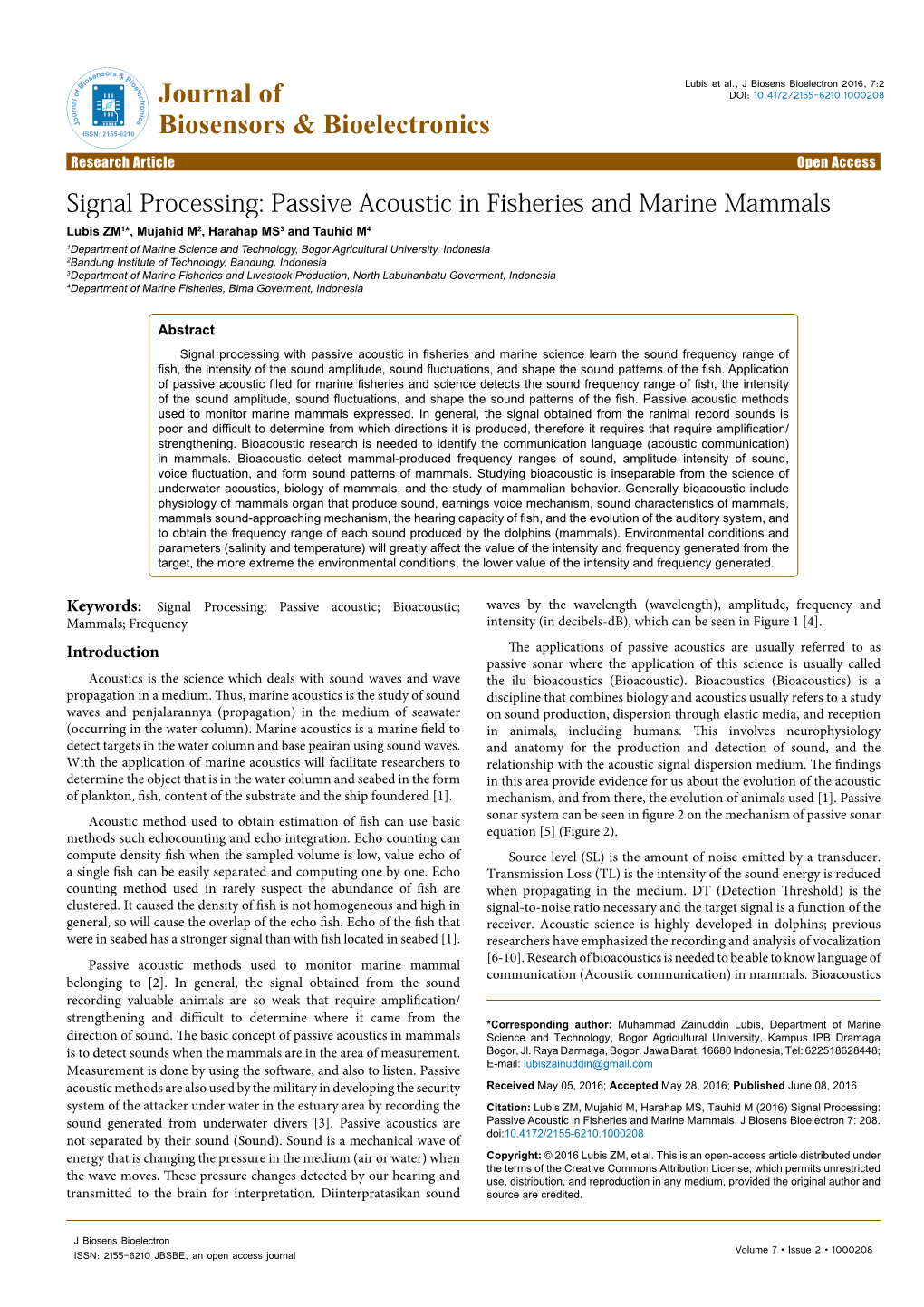 Signal Processing: Passive Acoustic in Fisheries and Marine Mammals