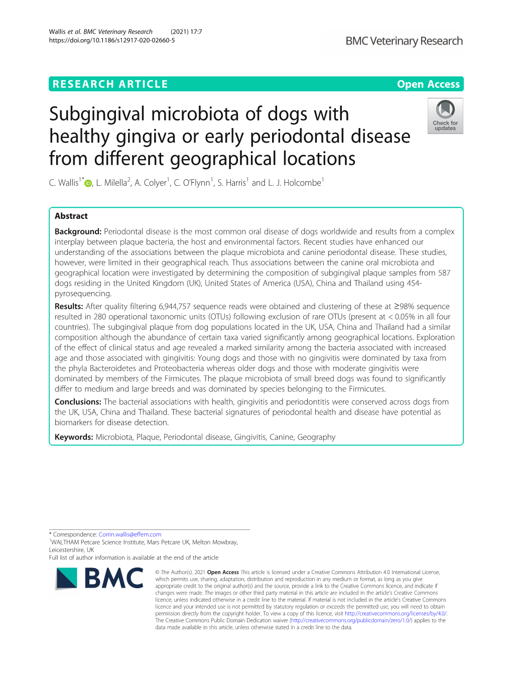 Subgingival Microbiota of Dogs with Healthy Gingiva Or Early Periodontal Disease from Different Geographical Locations C