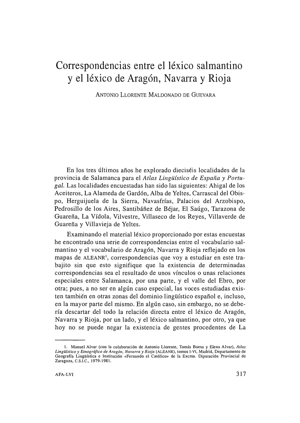 Correspondencias Entre El Léxico Salmantino Y El Léxico De Aragón, Navarra Y Rioja