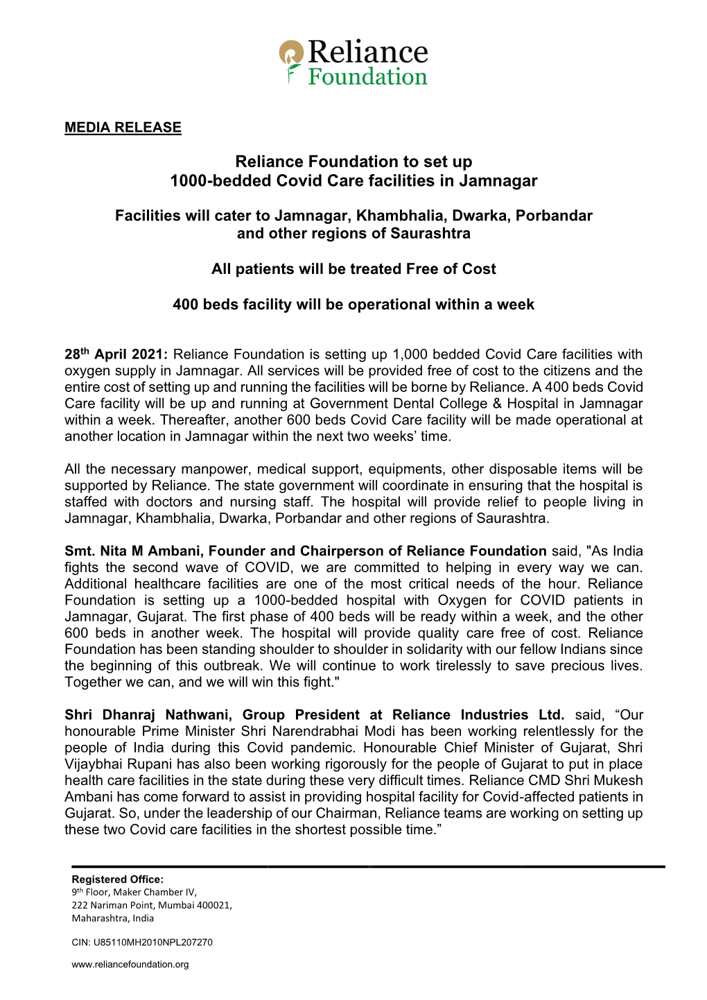 28 Apr 2021 Reliance Foundation to Set up 1000-Bedded Covid Care