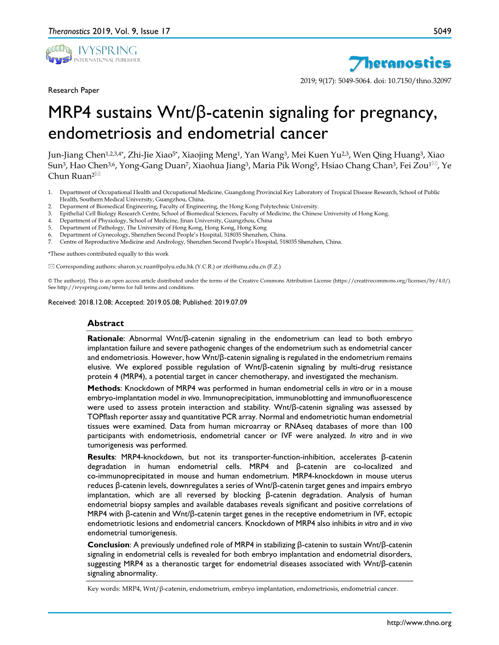 Theranostics MRP4 Sustains Wnt/Β-Catenin Signaling for Pregnancy
