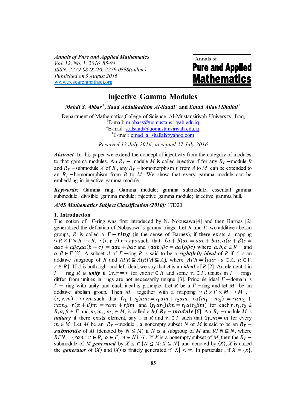 Injective Gamma Modules Mehdi S