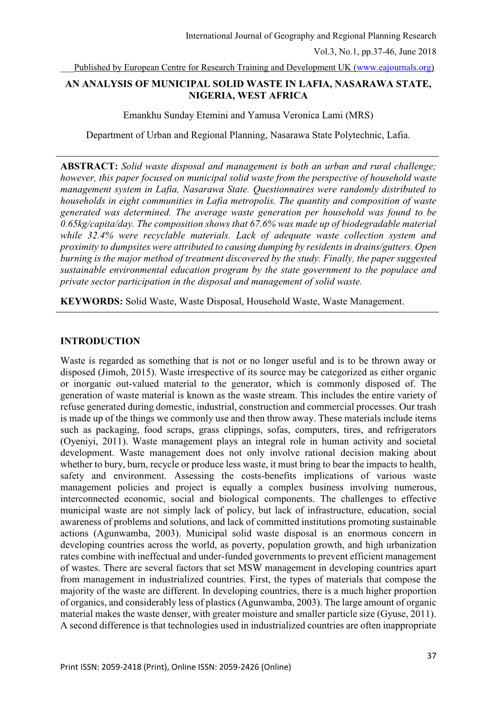 An Analysis of Municipal Solid Waste in Lafia, Nasarawa