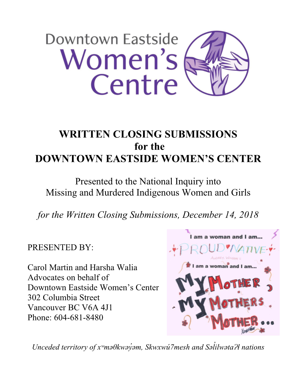 WRITTEN CLOSING SUBMISSIONS for the DOWNTOWN EASTSIDE WOMEN’S CENTER