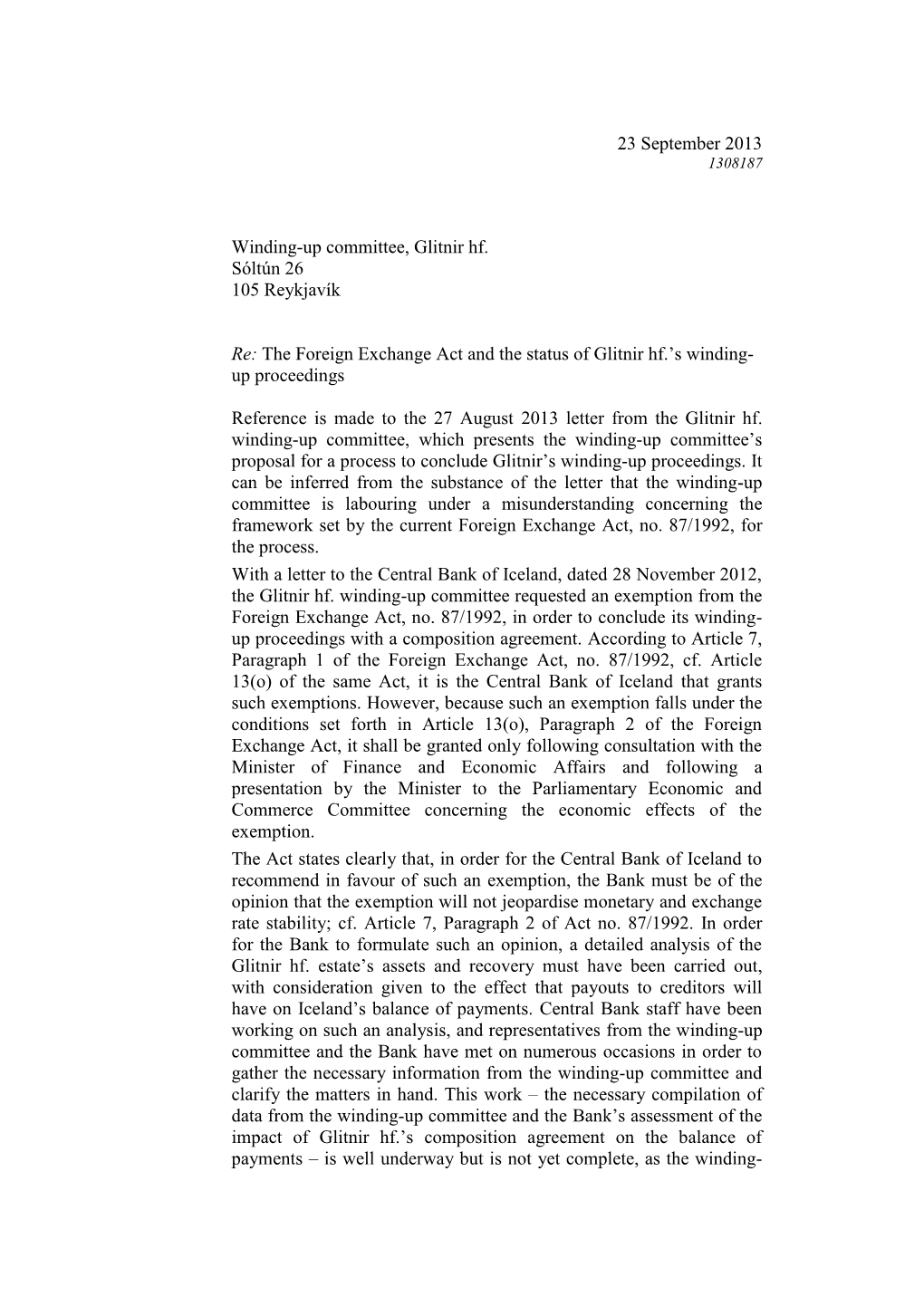 Letter to Glitnir Hf. 23 September 2013
