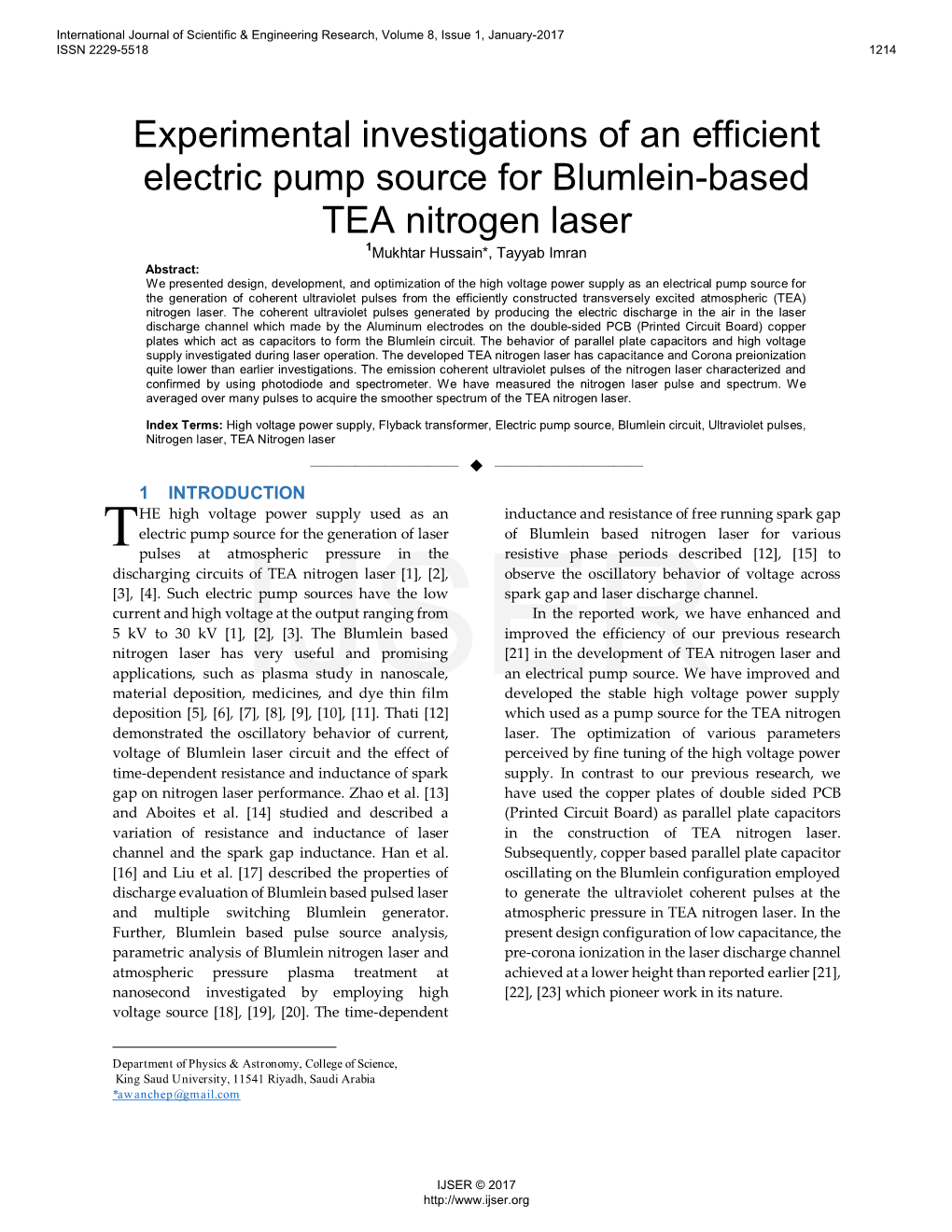 Experimental Investigations of an Efficientelectric Pump Source For