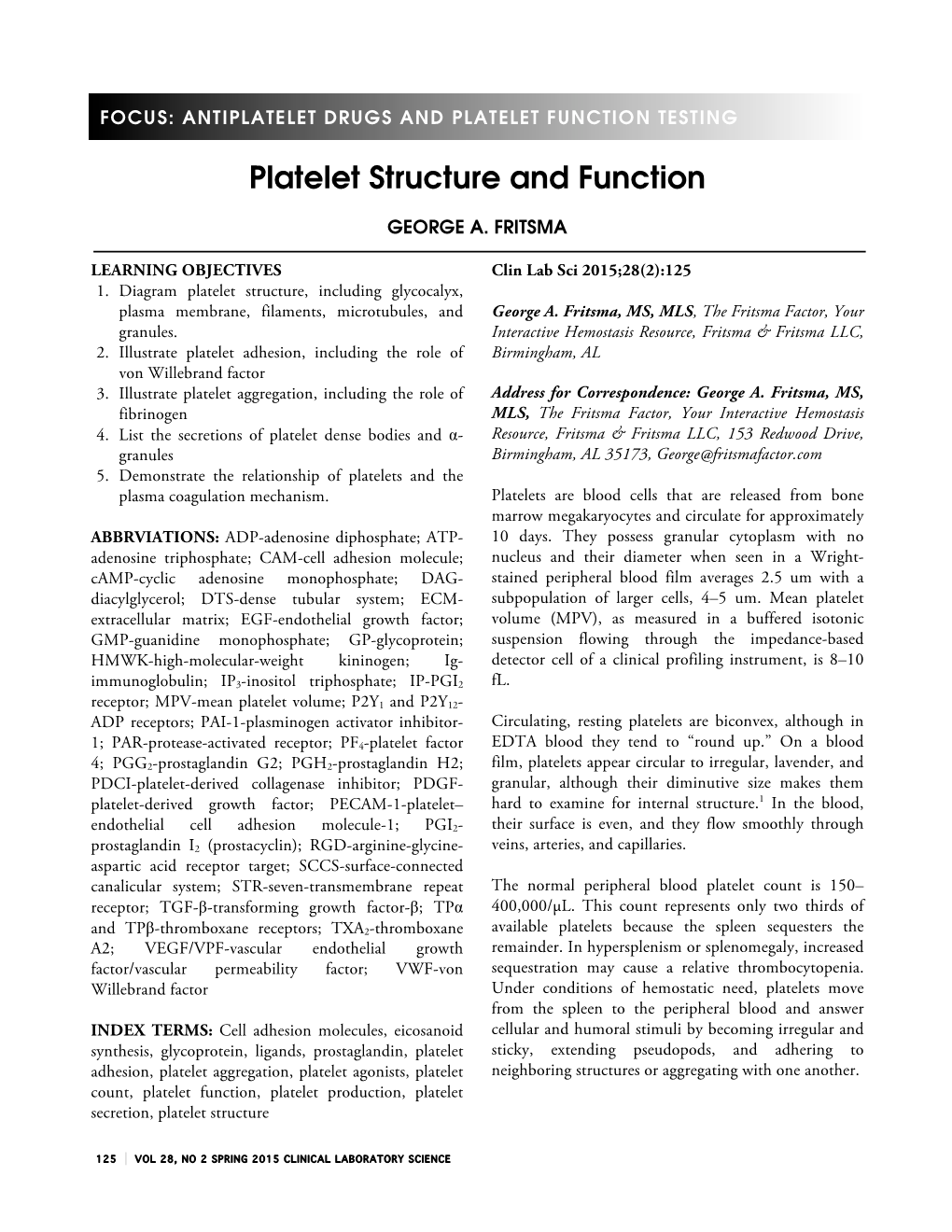 Platelet Structure and Function