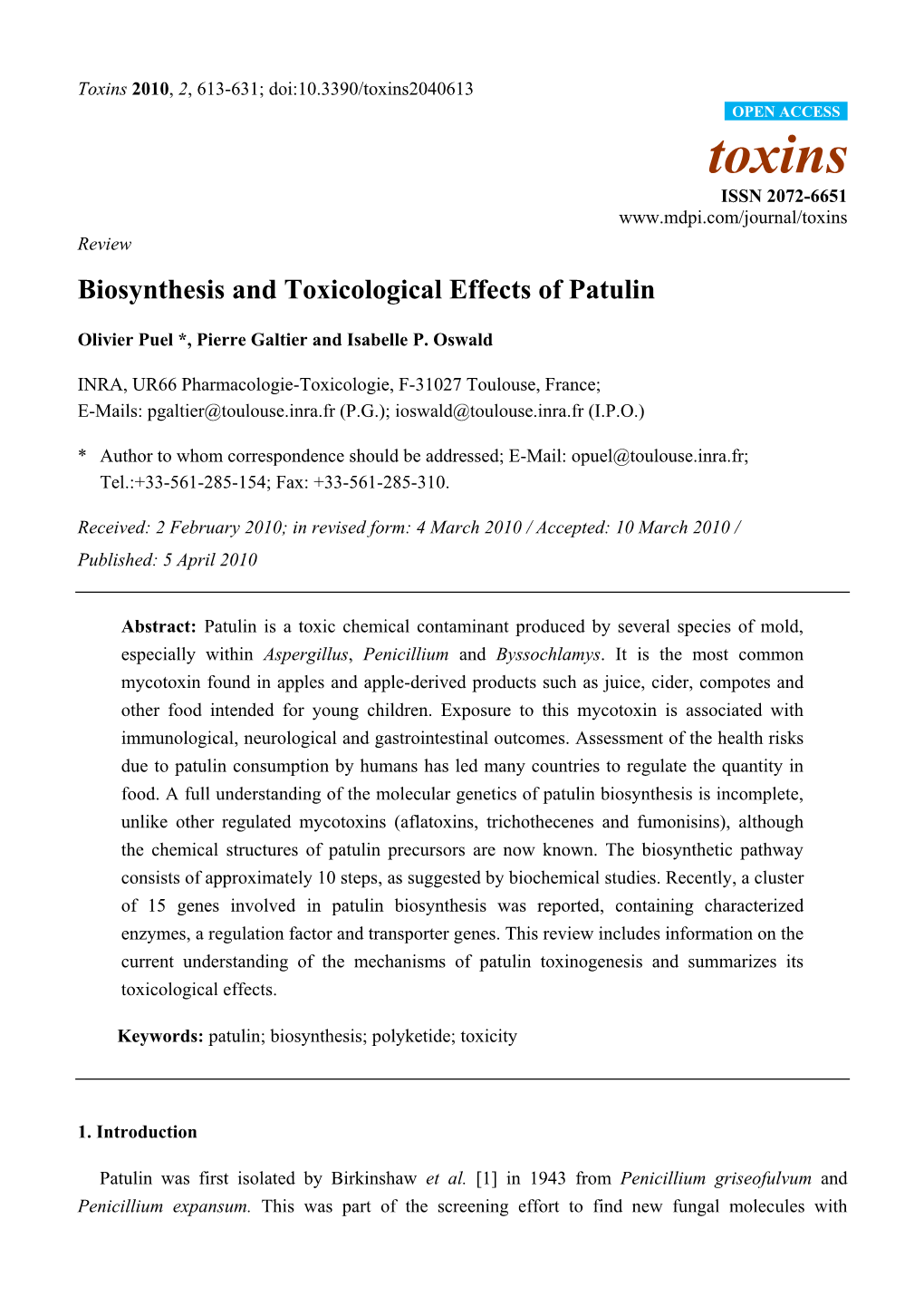Biosynthesis and Toxicological Effects of Patulin