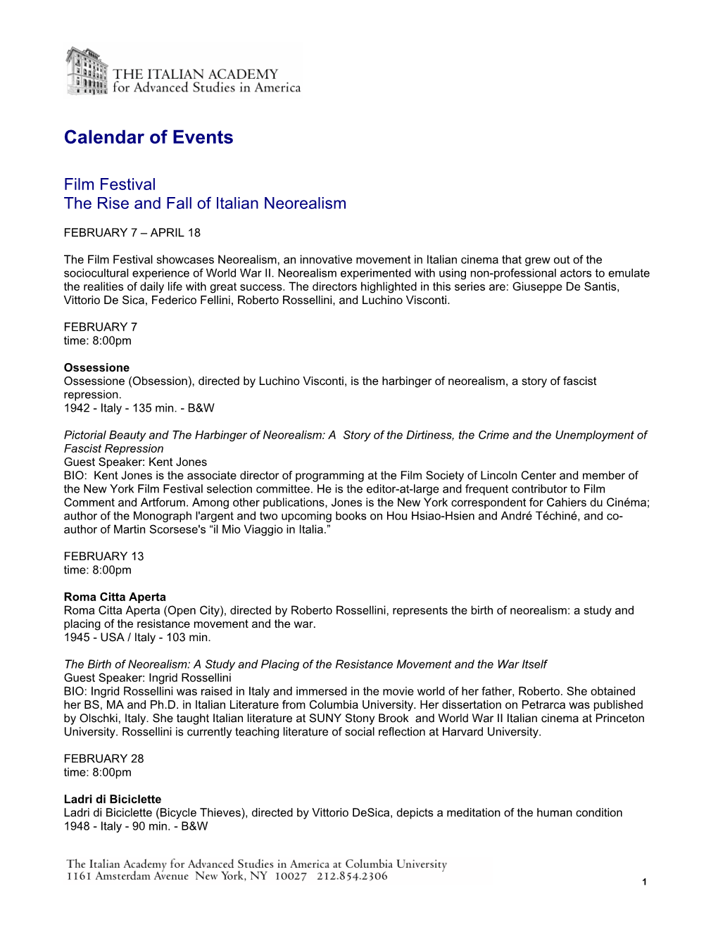 Calendar of Events