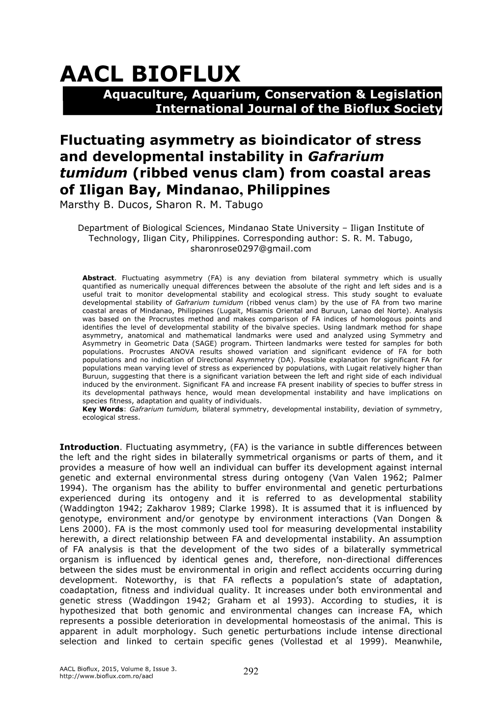 Fluctuating Asymmetry As Bioindicator of Stress and Developmental Instability in Gafrarium Tumidum (Ribbed Venus Clam) from Coastal Areas of Iligan Bay, Mindanao, Philippines