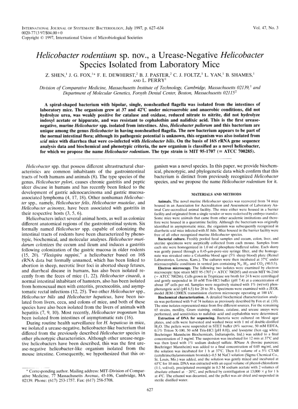 Helicobacter Hepaticus, Have Been Iso- Biochemical Characterization