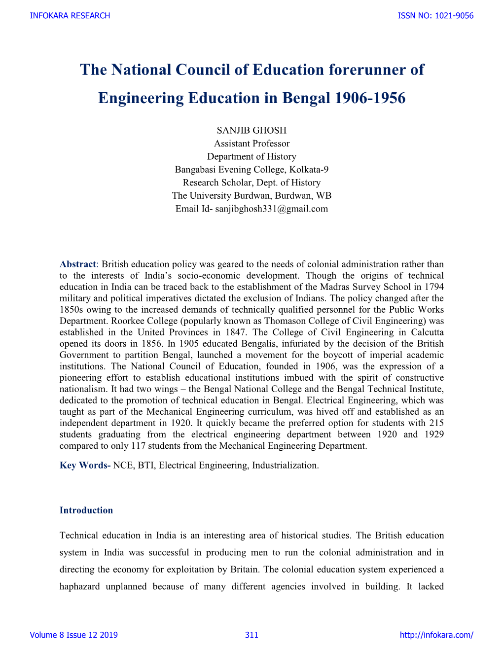 The National Council of Education Forerunner of Engineering Education in Bengal 1906-1956