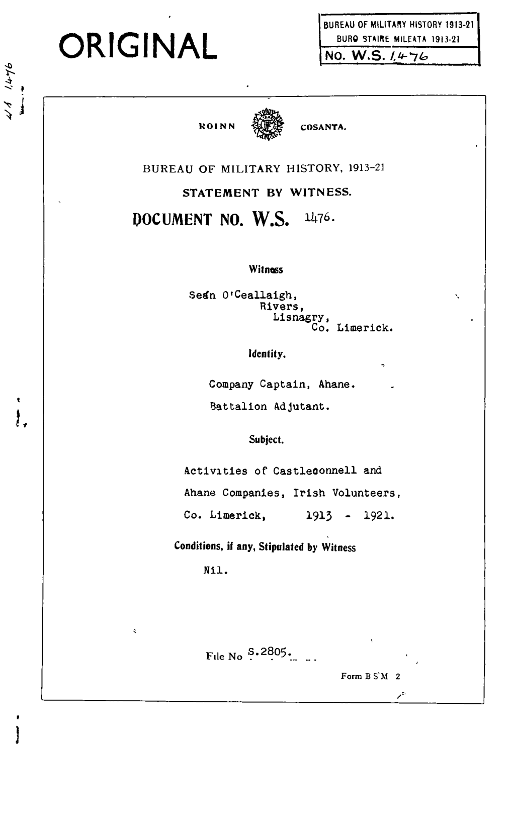 ROINN COSANTA. BUREAU of MILITARY HISTORY, 1913-21 STATEMENT by WITNESS. DOCUMENT NO. W.S. 1476. Witness Seán O'ceallaigh, Rive