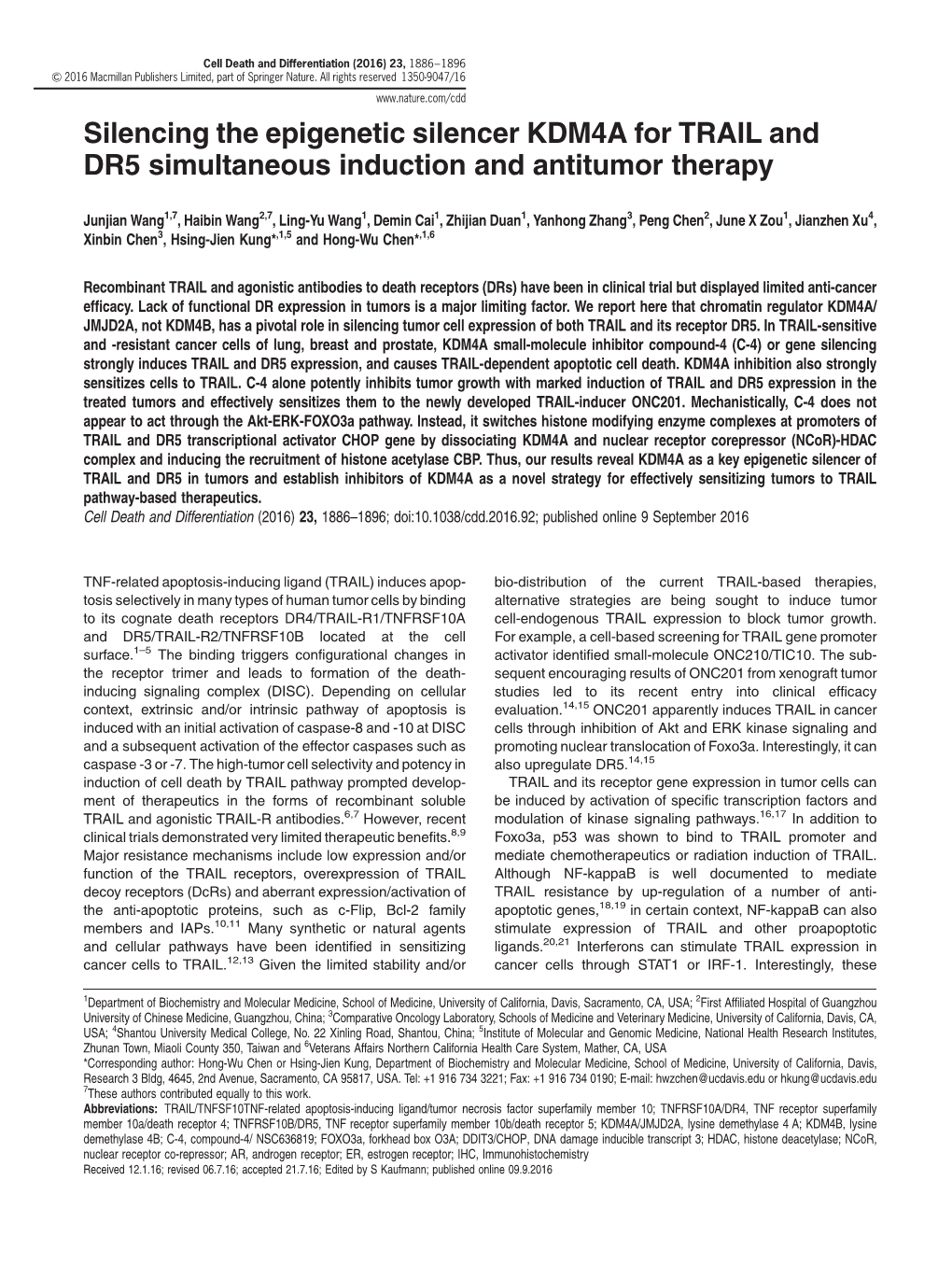 Silencing the Epigenetic Silencer KDM4A for TRAIL and DR5 Simultaneous Induction and Antitumor Therapy