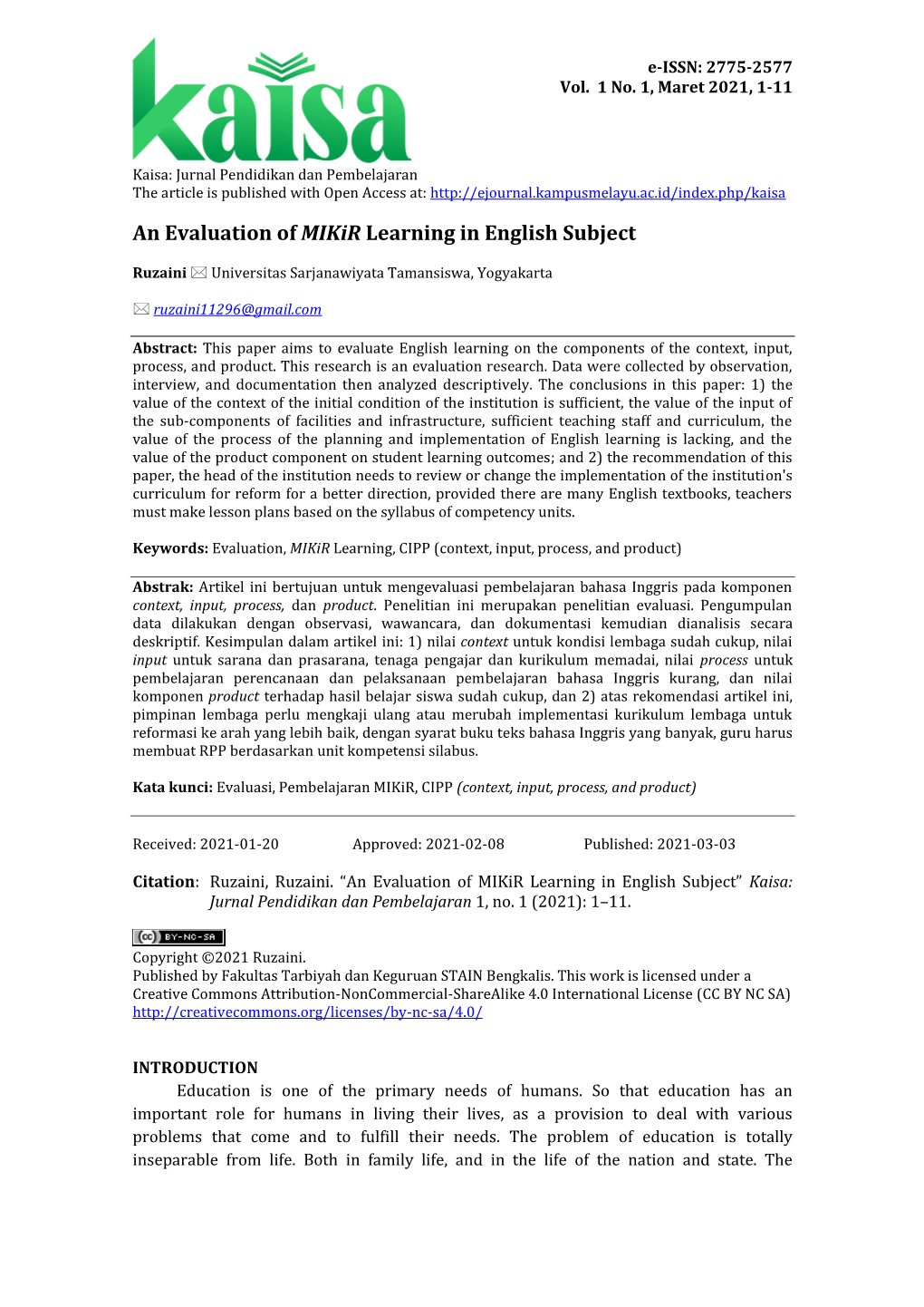 An Evaluation of Mikir Learning in English Subject