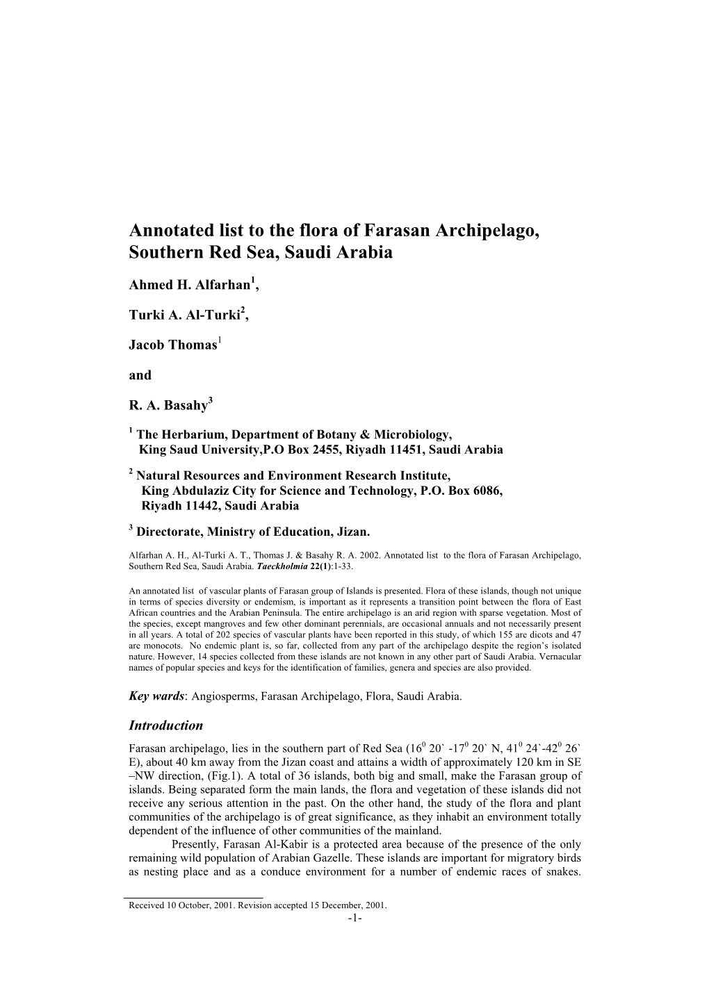 Annotated List to the Flora of Farasan Archipelago, Southern Red Sea, Saudi Arabia