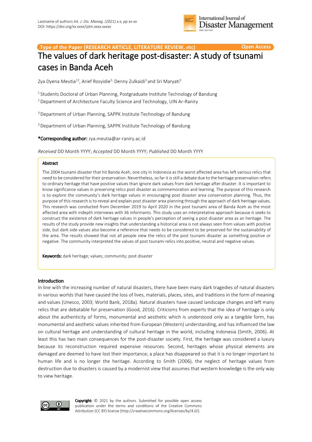 The Values of Dark Heritage Post-Disaster: a Study of Tsunami Cases in Banda Aceh