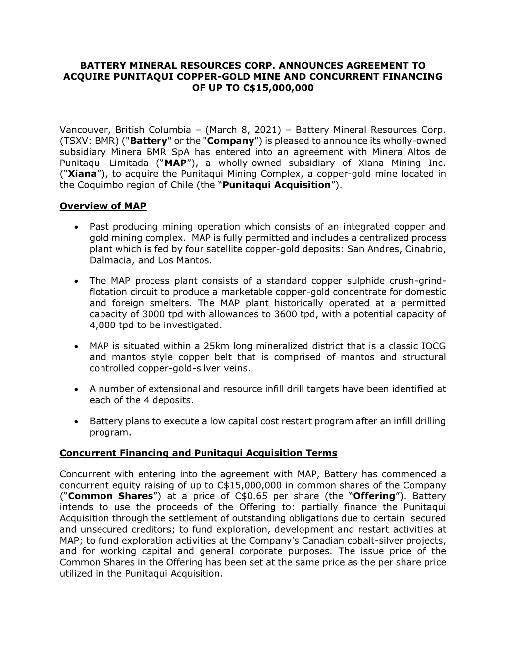 Battery Mineral Resources Corp. Announces Agreement to Acquire Punitaqui Copper-Gold Mine and Concurrent Financing of up to C$15,000,000