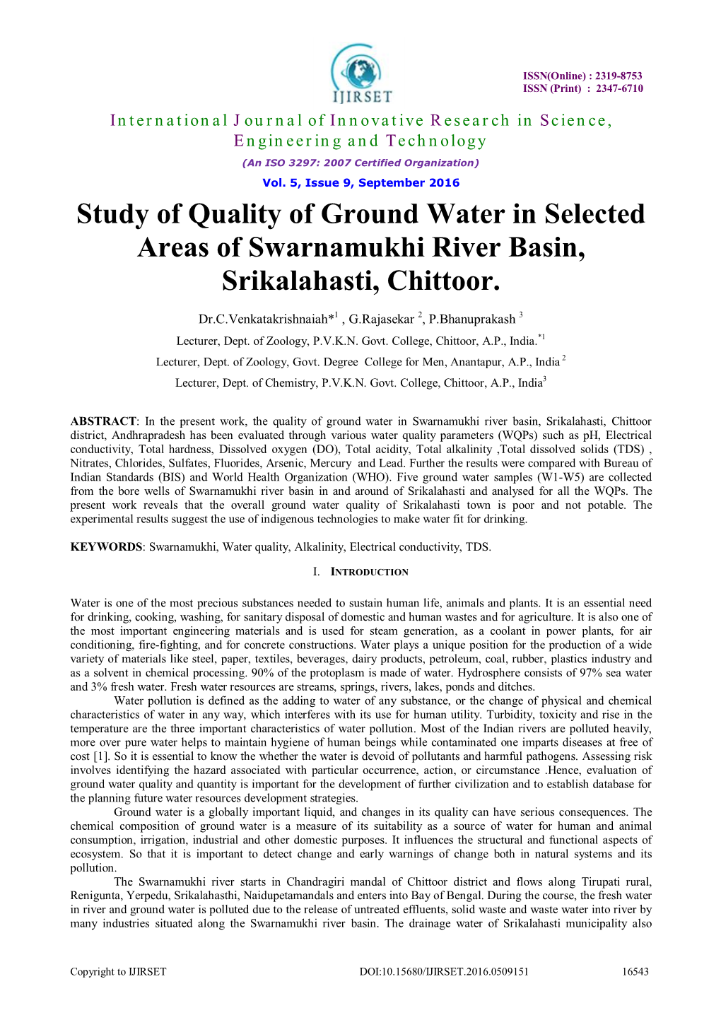 Study of Quality of Ground Water in Selected Areas of Swarnamukhi River Basin, Srikalahasti, Chittoor