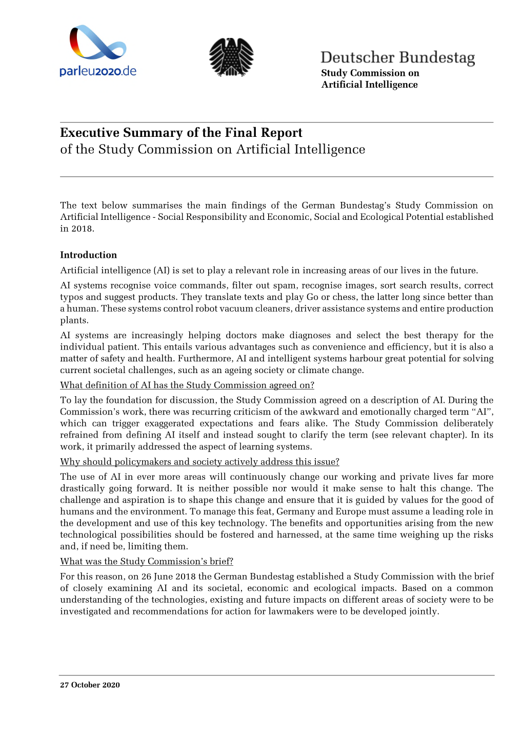 Executive Summary of the Final Report of the Study Commission on Artificial Intelligence