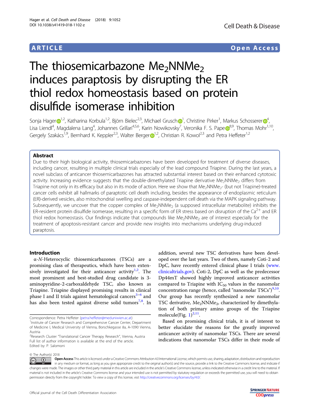 The Thiosemicarbazone Me2nnme2 Induces Paraptosis by Disrupting