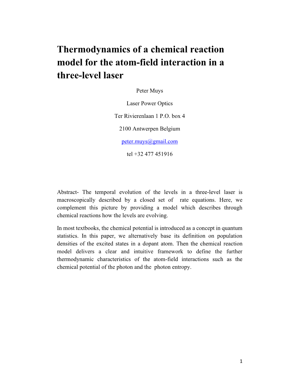 Thermodynamics of a Chemical Reaction Model for the Atom-Field Interaction in a Three-Level Laser