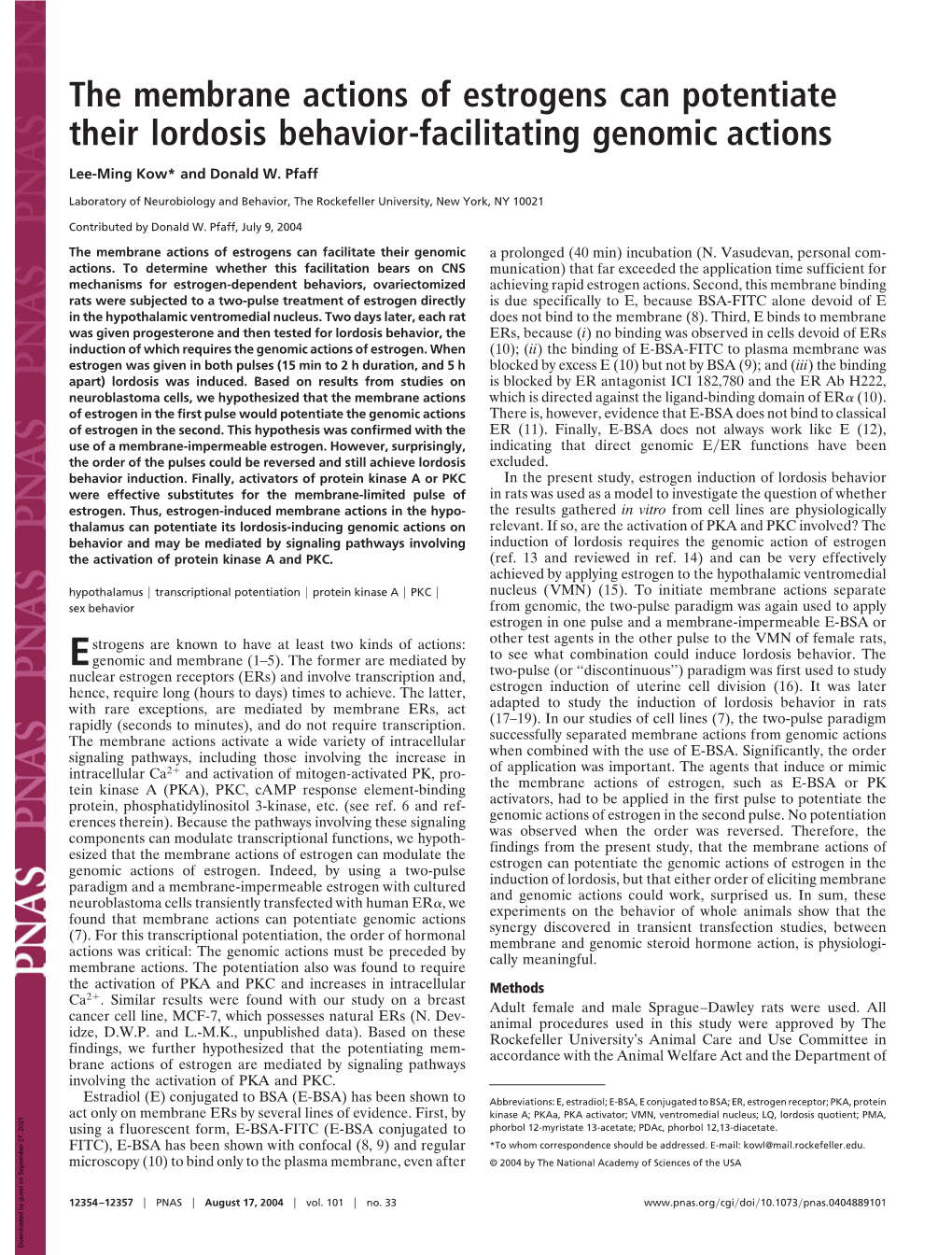 The Membrane Actions of Estrogens Can Potentiate Their Lordosis Behavior-Facilitating Genomic Actions