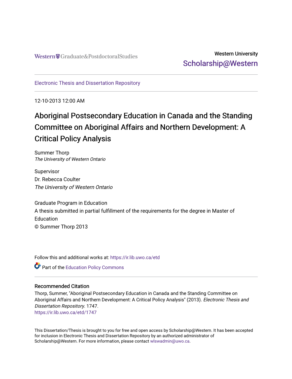 Aboriginal Postsecondary Education in Canada and the Standing Committee on Aboriginal Affairs and Northern Development: a Critical Policy Analysis