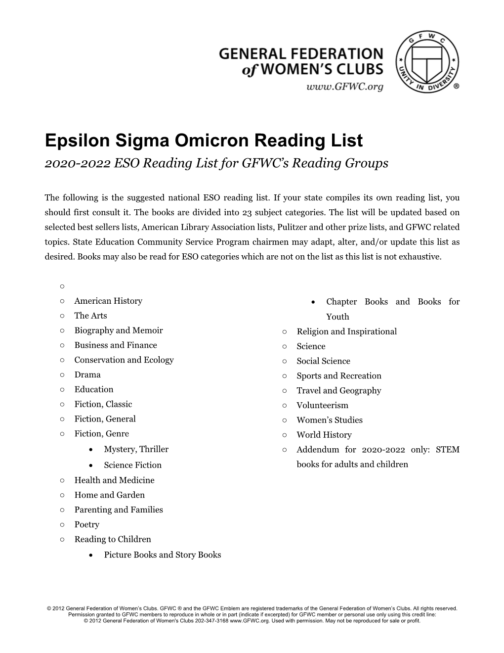 Epsilon Sigma Omicron Reading List 2020-2022 ESO Reading List for GFWC’S Reading Groups