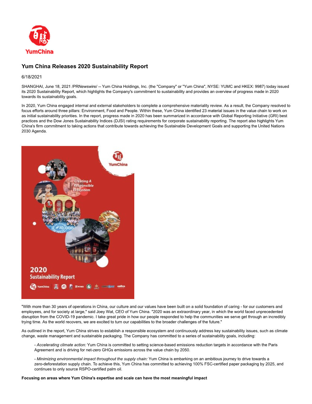 Yum China Releases 2020 Sustainability Report