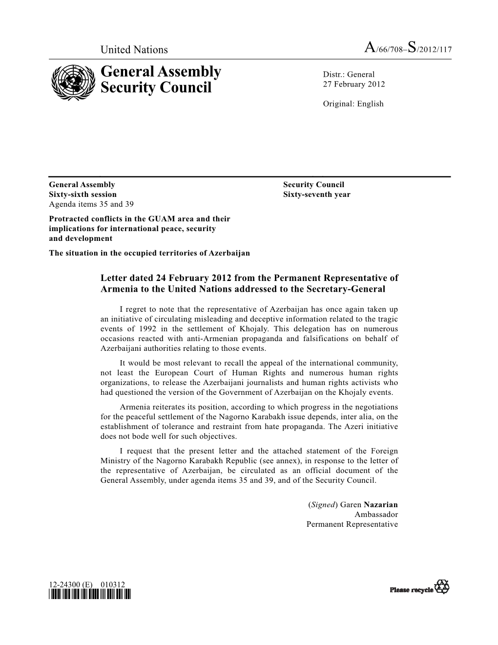 A/66/708–S/2012/117 General Assembly Security Council