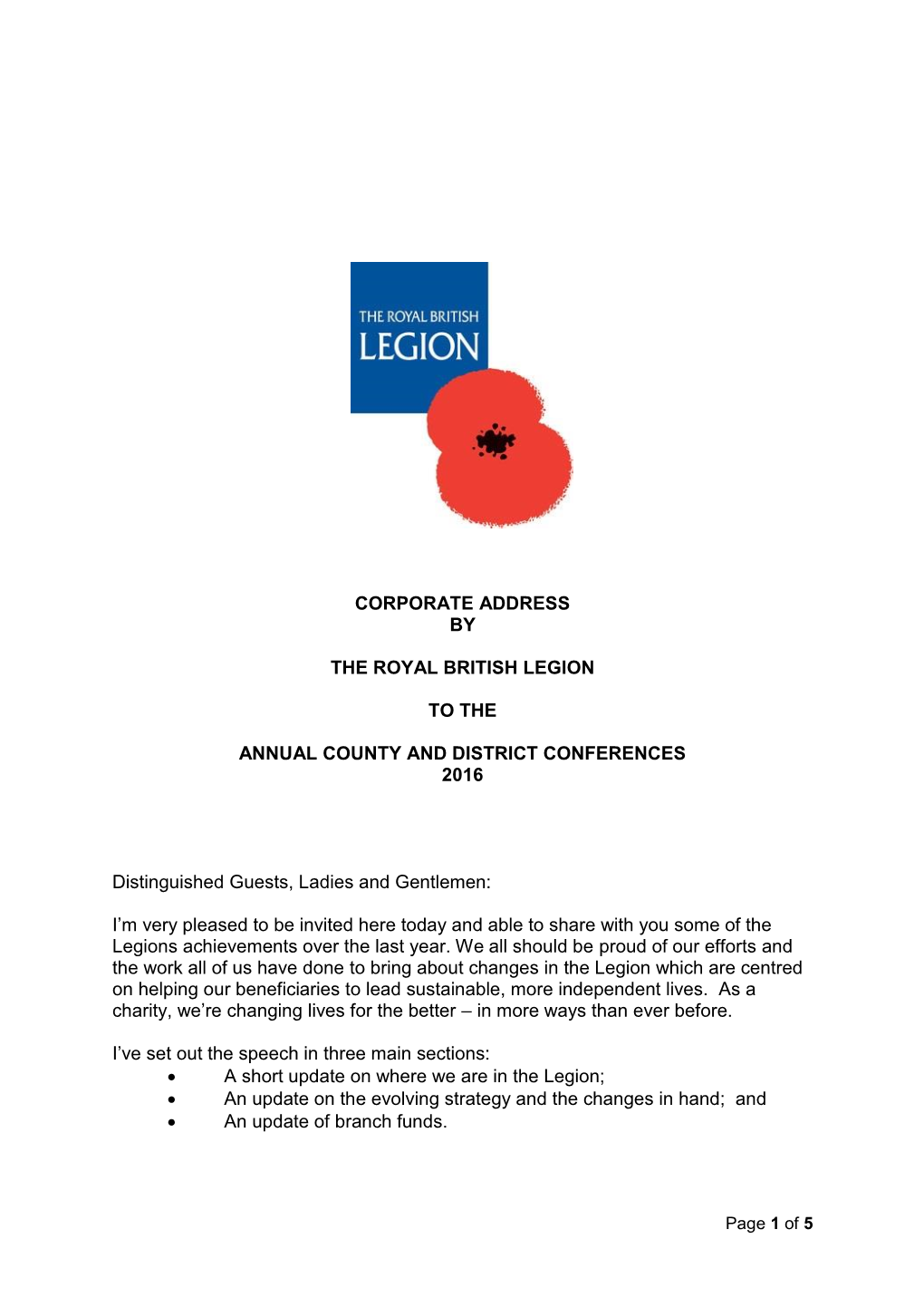 Corporate Address by the Royal British Legion to The