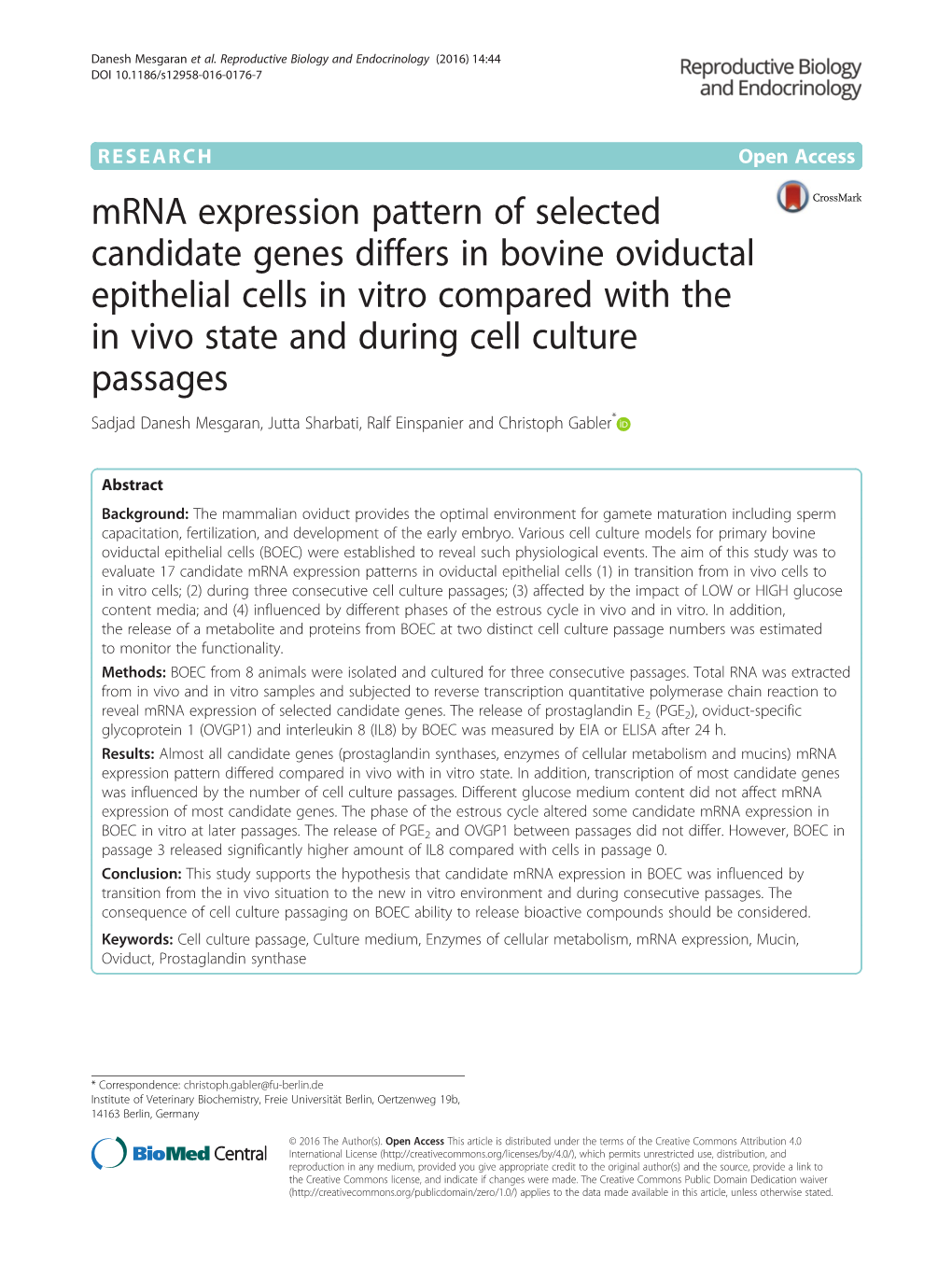 Mrna Expression Pattern of Selected Candidate Genes Differs in Bovine Oviductal Epithelial Cells in Vitro Compared with the in V