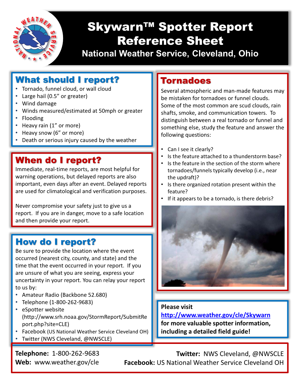 Skywarn™ Spotter Report Reference Sheet National Weather Service, Cleveland, Ohio