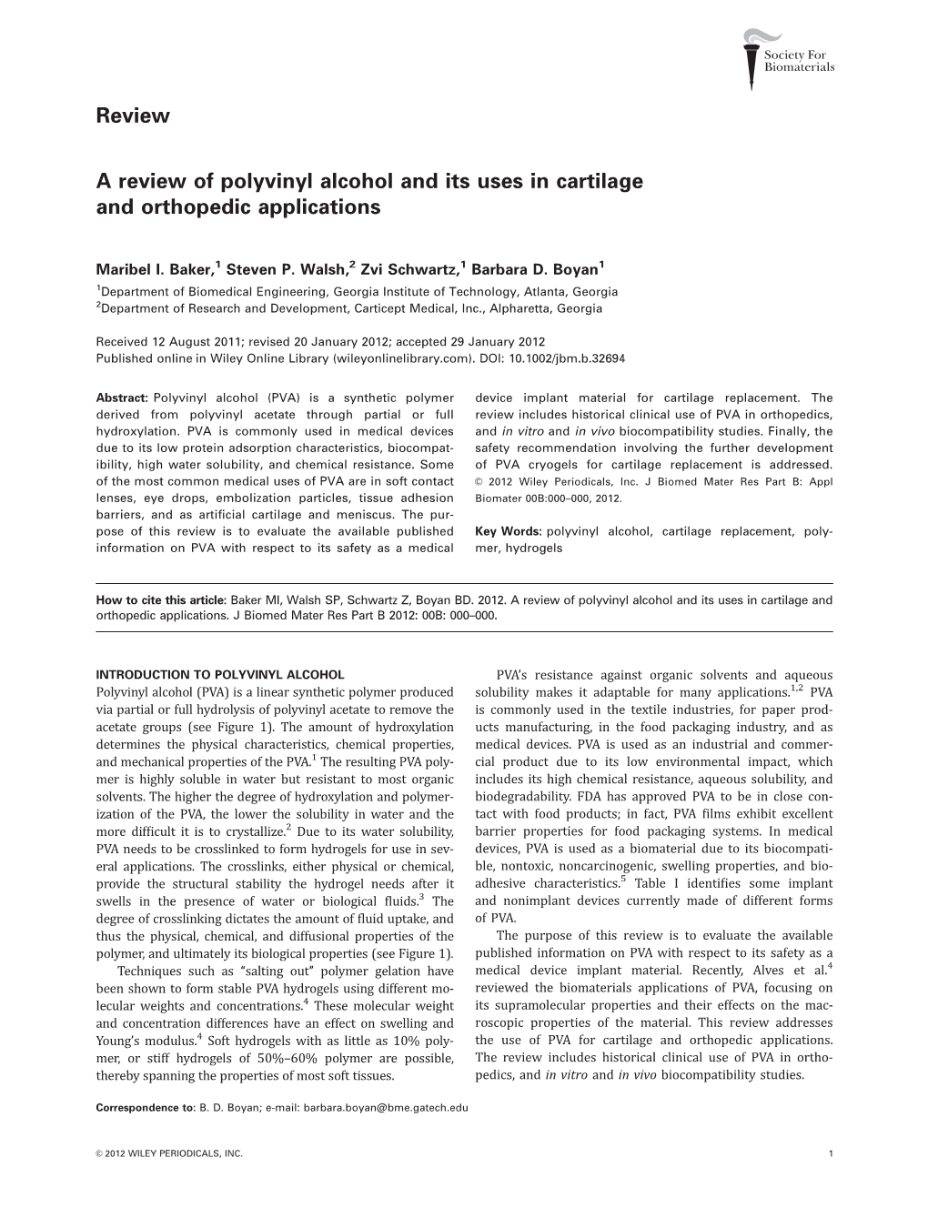 A Review of Polyvinyl Alcohol and Its Uses in Cartilage and Orthopedic Applications