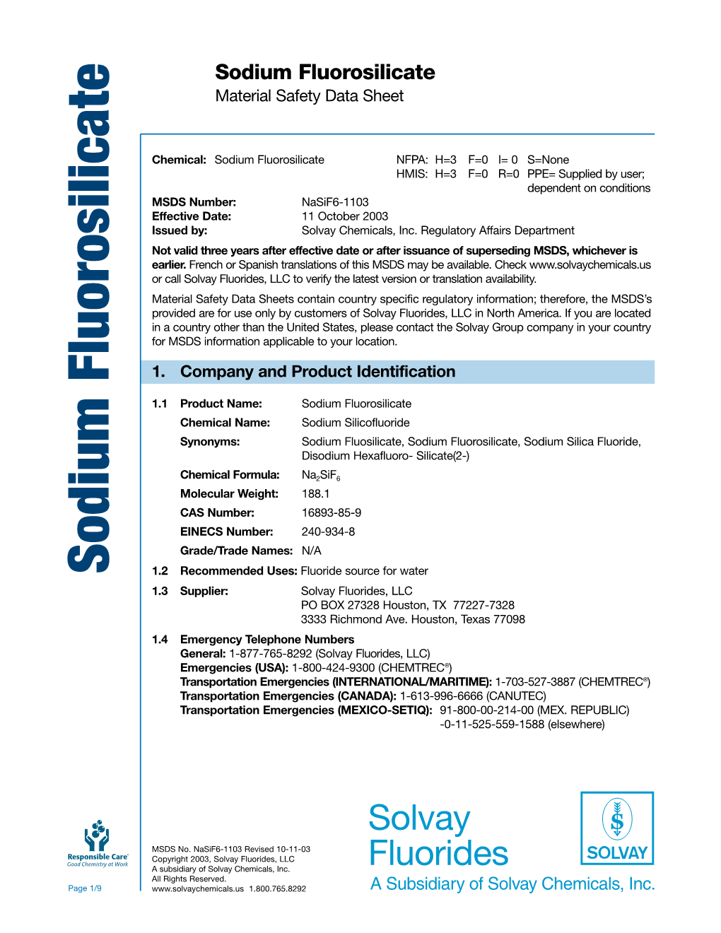 Sodium Fluorosilicate Material Safety Data Sheet