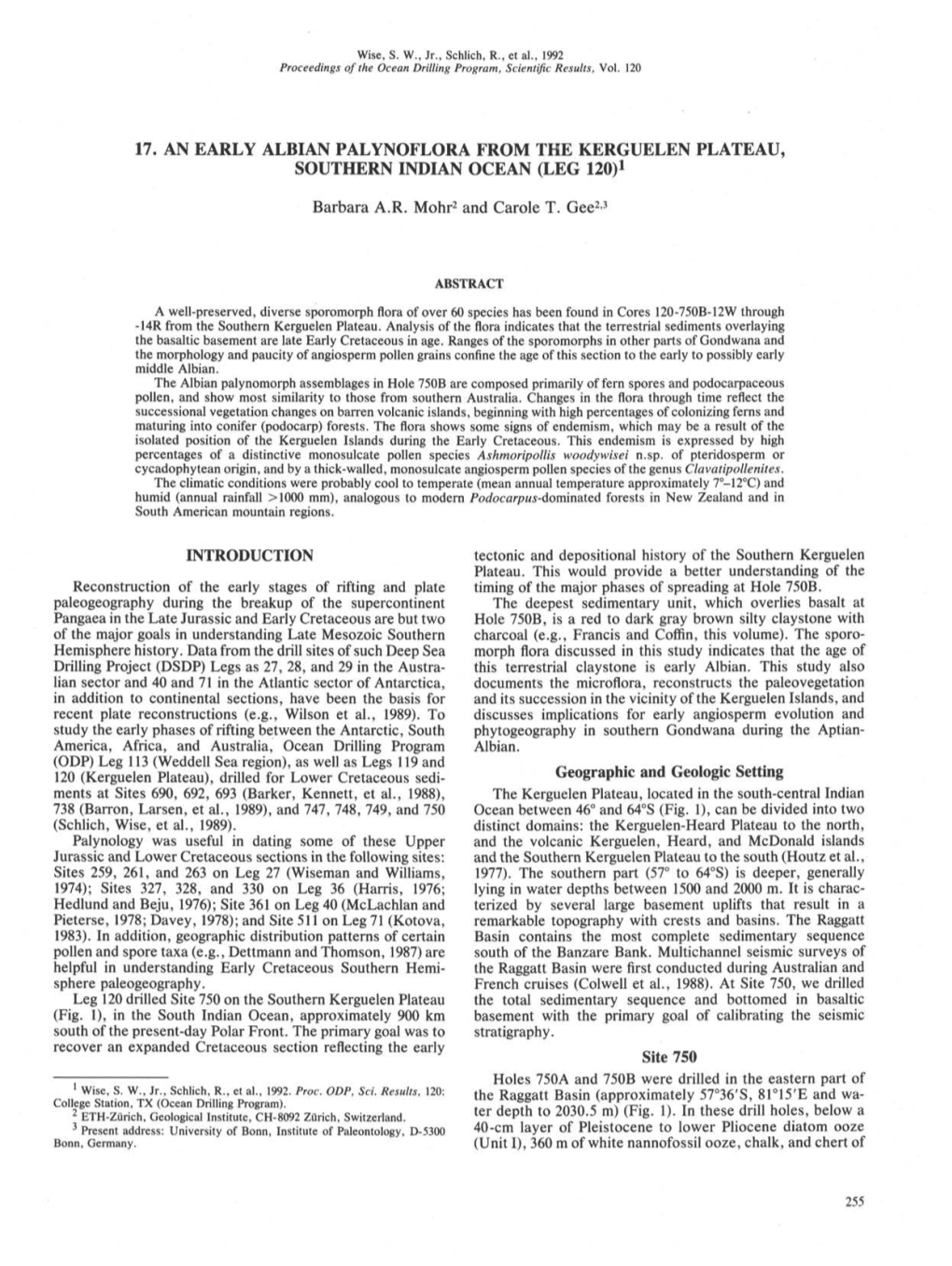 17. an Early Albian Palynoflora from the Kerguelen Plateau, Southern Indian Ocean (Leg 120)1