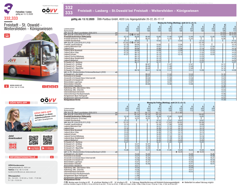 St. Oswald - S S S Liniennummer 332 332 333 332 333 332 333 332 332 333 332 Weitersfelden - Königswiesen Kursnummer 100 102 100 104 102 106 104 108 110 106 112 Aus Ri