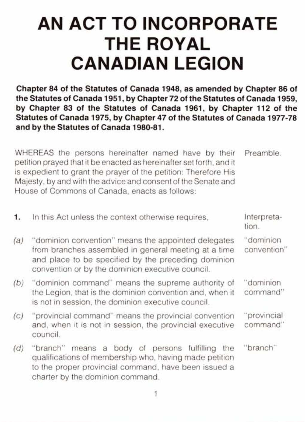 An Act to Incorporate the Royal Canadian Legion