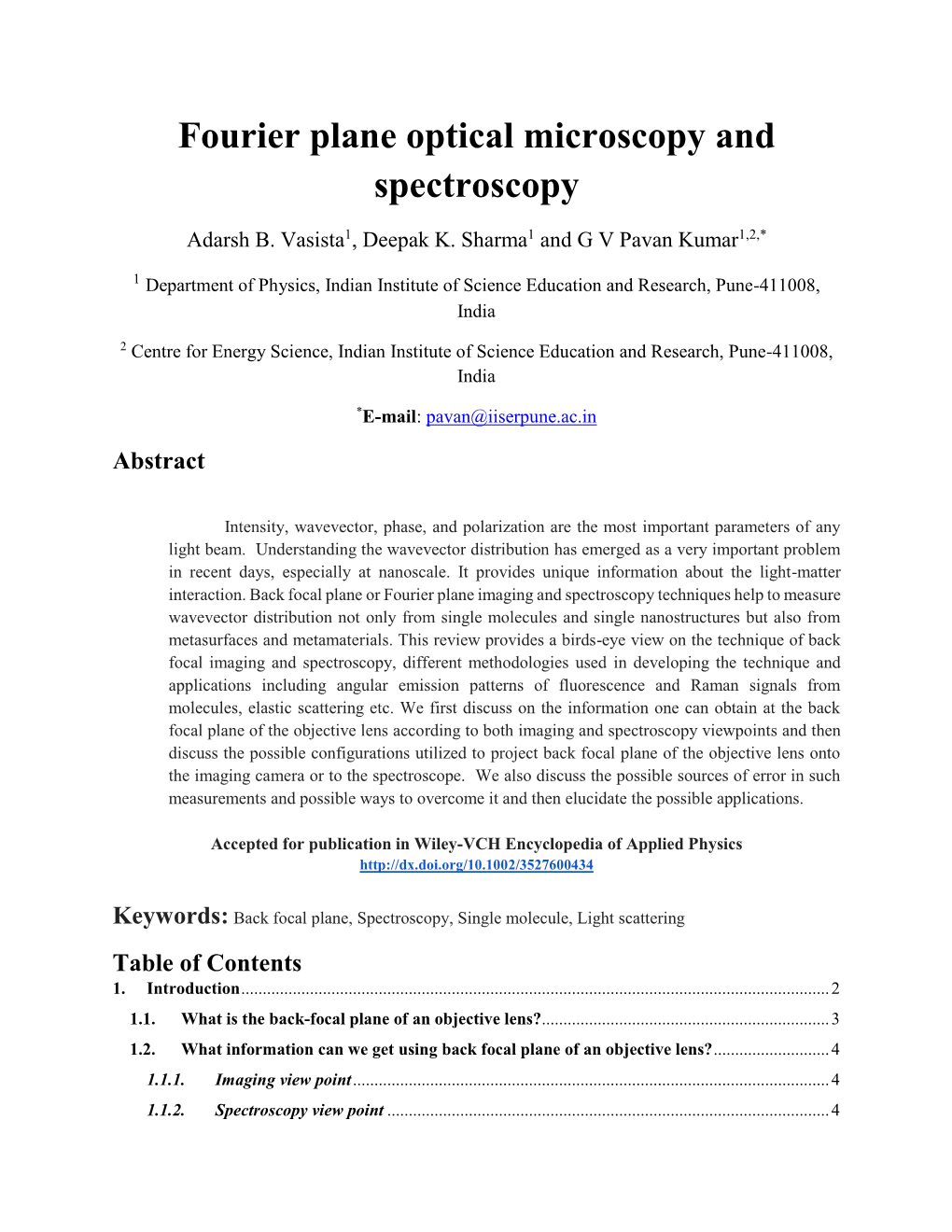 Fourier Plane Optical Microscopy and Spectroscopy