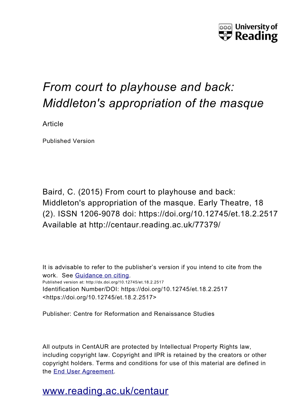 Middleton's Appropriation of the Masque