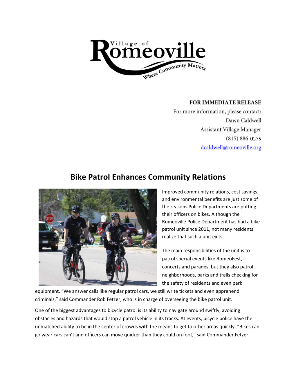 Bike Patrol Enhances Community Relations