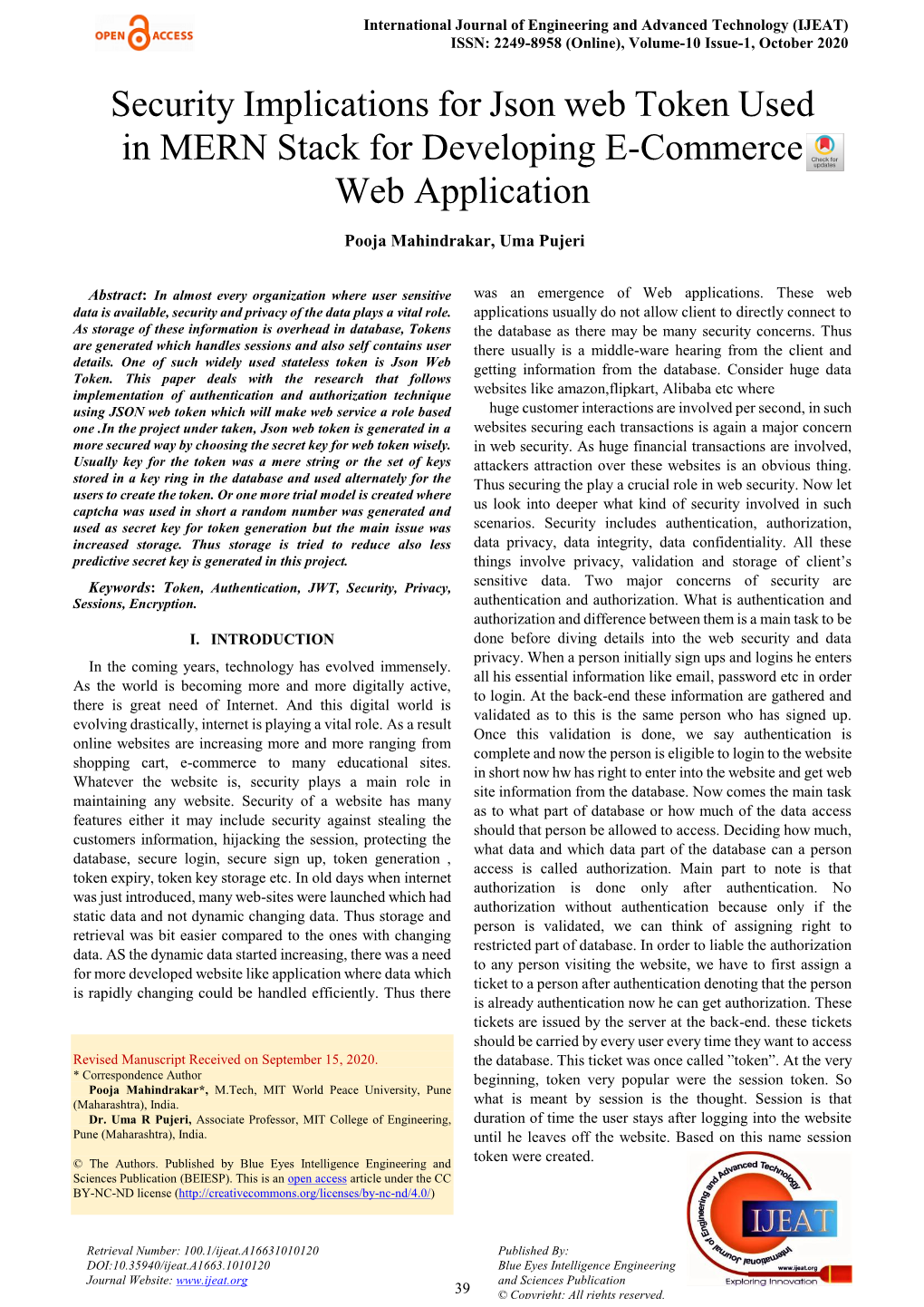 Security Implications for Json Web Token Used in MERN Stack for Developing E-Commerce Web Application