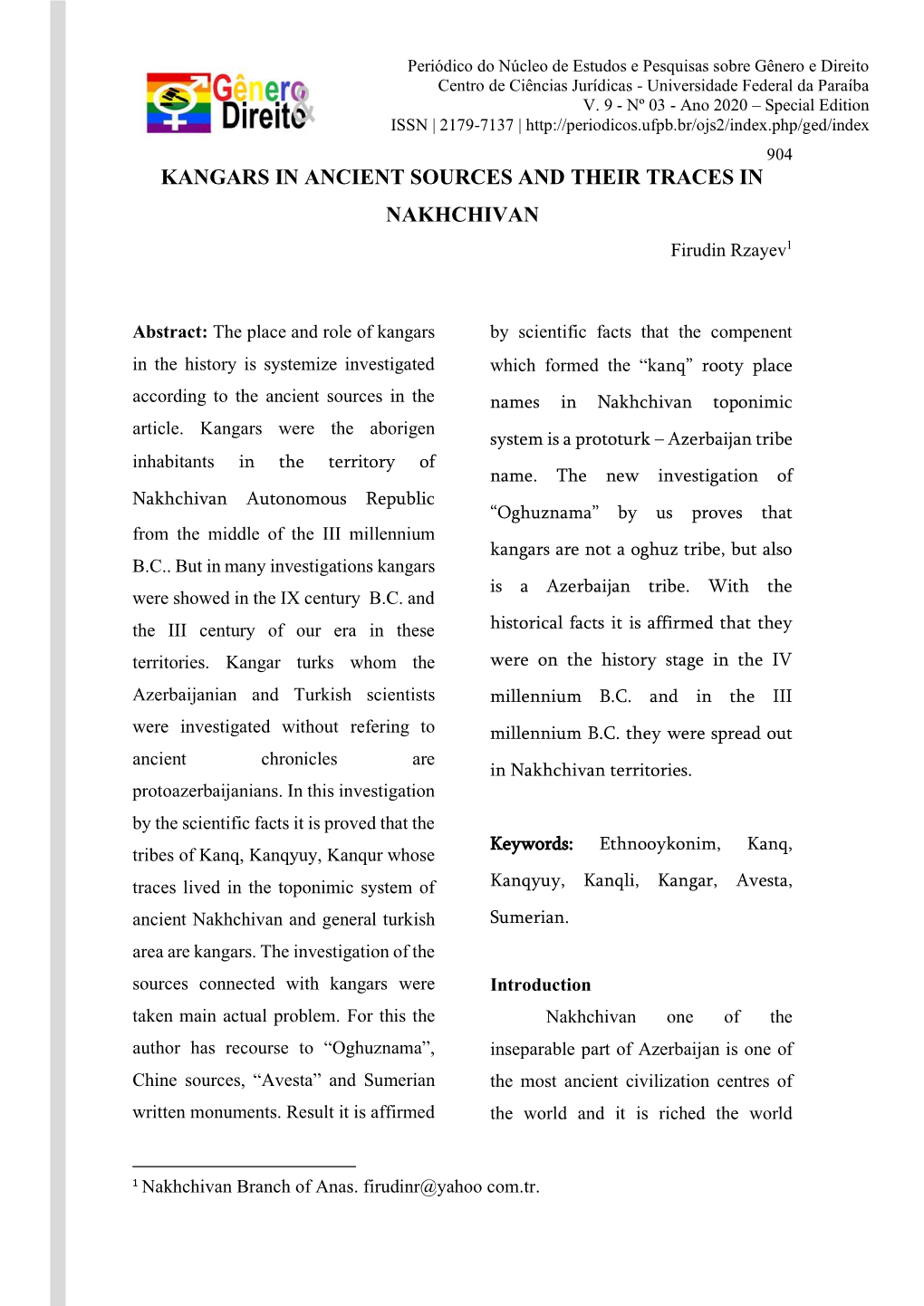 KANGARS in ANCIENT SOURCES and THEIR TRACES in NAKHCHIVAN Firudin Rzayev1