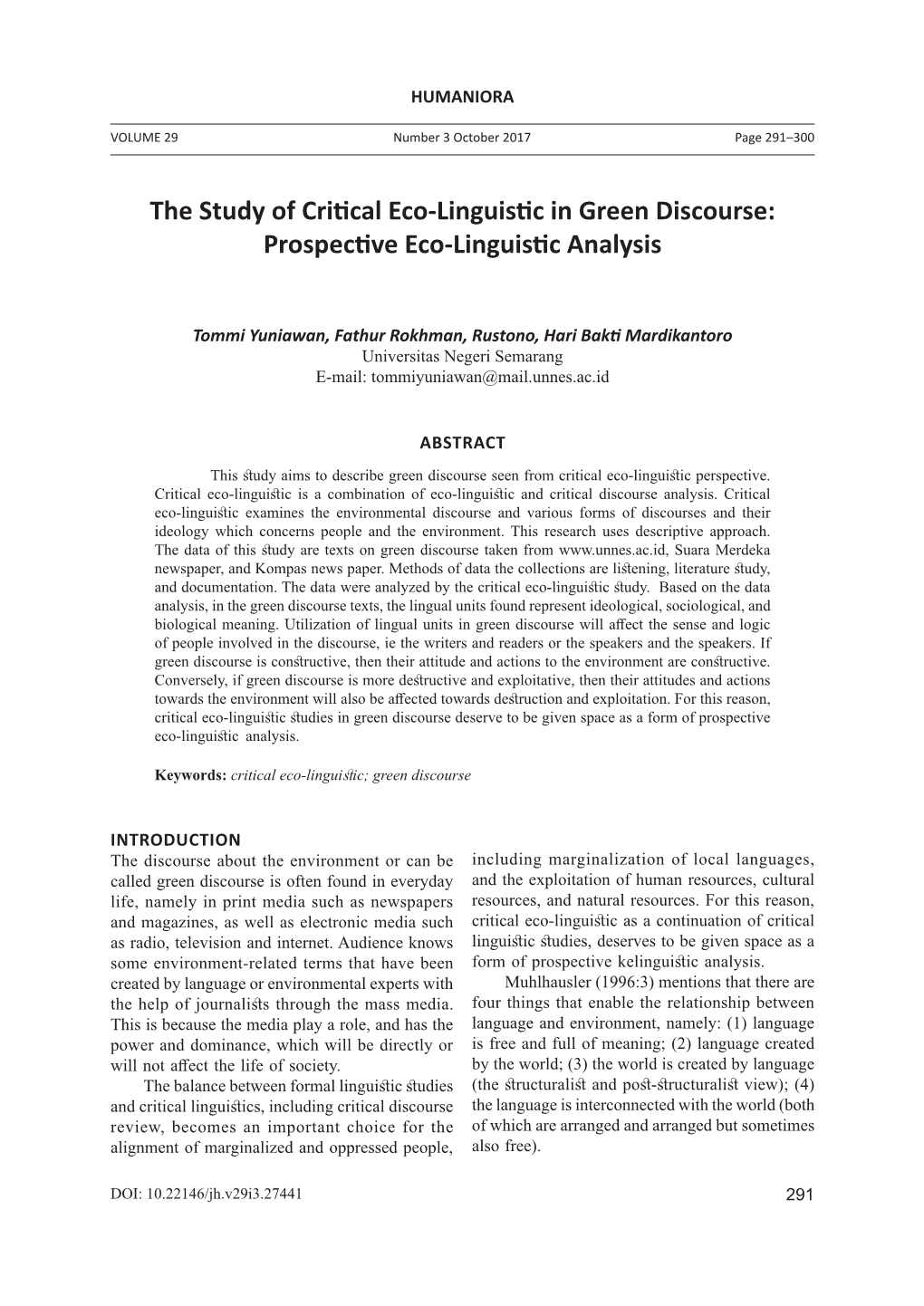The Study of Critical Eco-Linguistic in Green Discourse: Prospective Eco-Linguistic Analysis