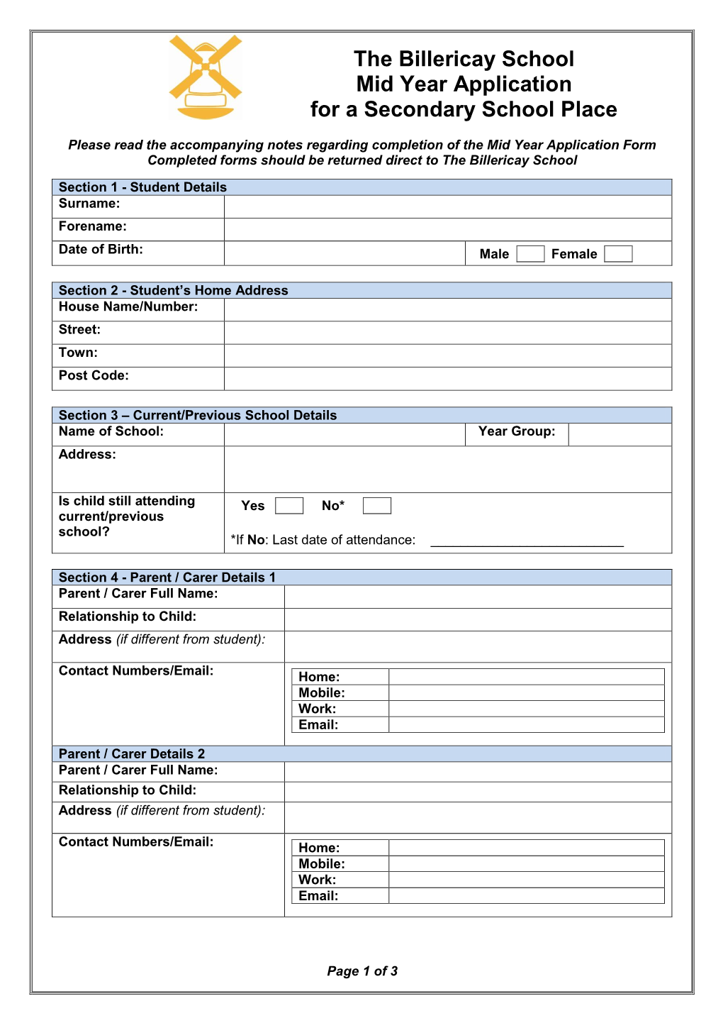 The Billericay School Mid Year Application for a Secondary School