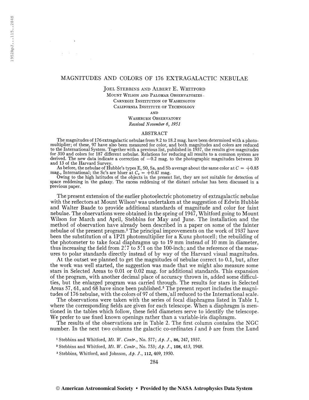 MAGNITUDES and COLORS of 176 EXTRAGALACTIC NEBULAE Joel Stebbins and Albert E